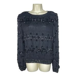 Showmax Silk Beaded Black Evening Blouson Top 80’s VTG Sequined Formal